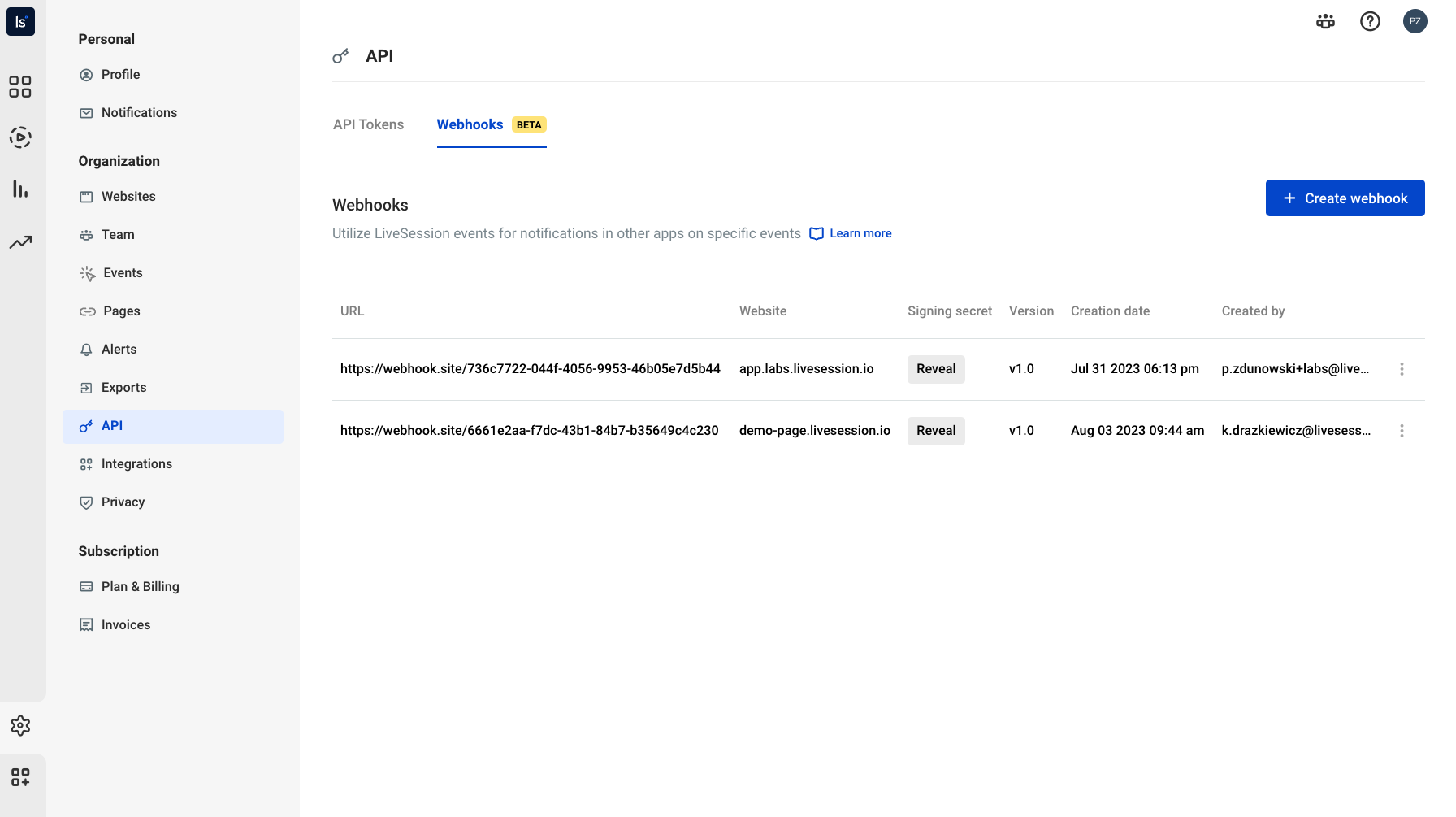 Webhooks settings